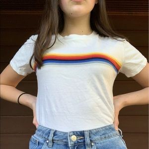 White tee with rainbow strip across chest and back